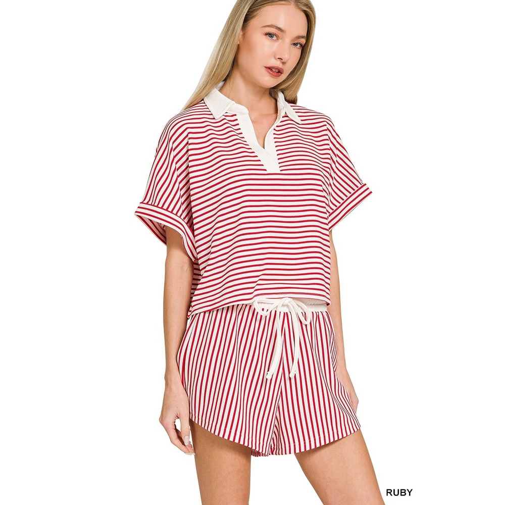 389-M Zenana Top & Shorts Set Medium Ruby Red NWT Striped Collared Loungewear